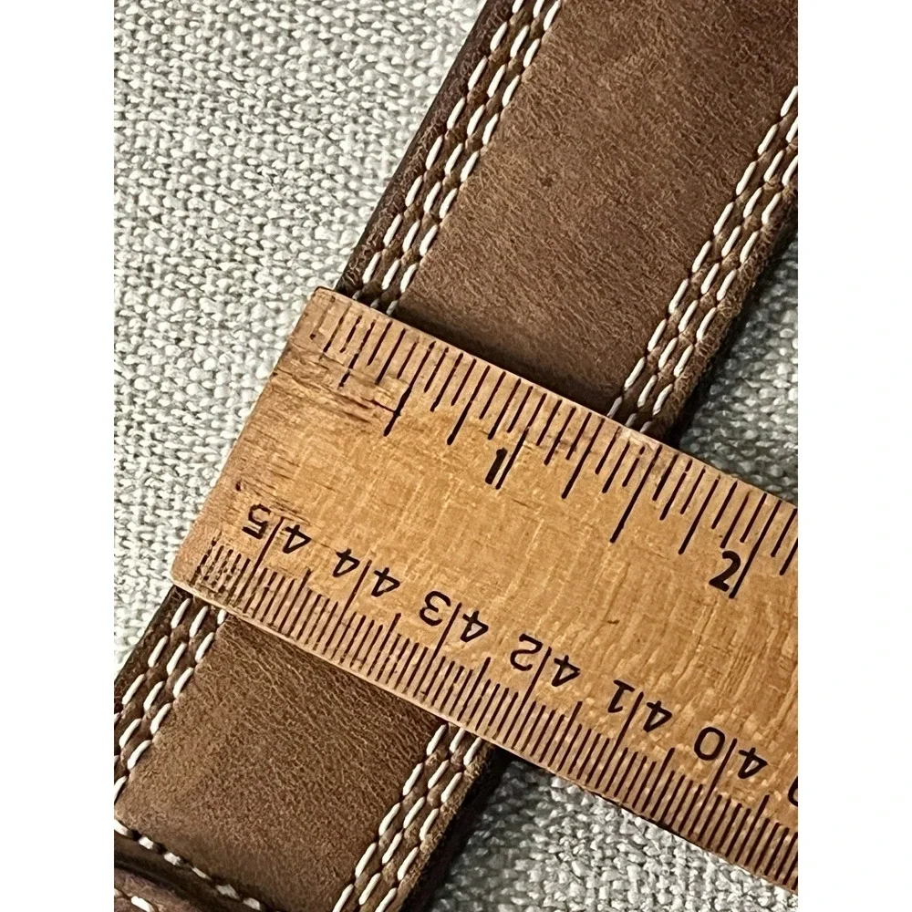 Sz 44 Duluth Trading Co Brown Leather Belt Contrast Stitching Silver Tone Buckle